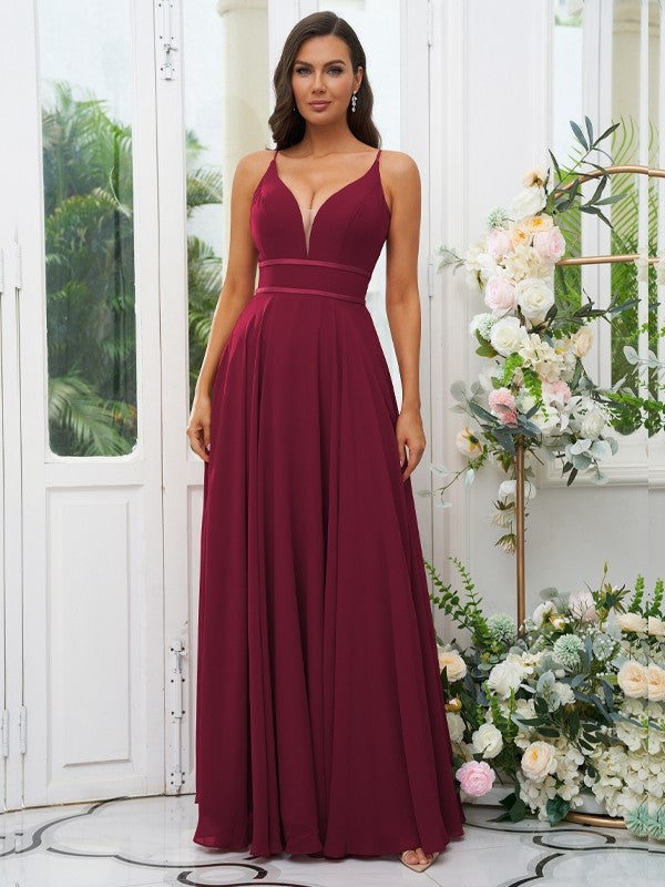A-Line/Princess Chiffon Ruffles V-neck Sleeveless Floor-Length Bridesmaid Dresses Evening Prom Dress