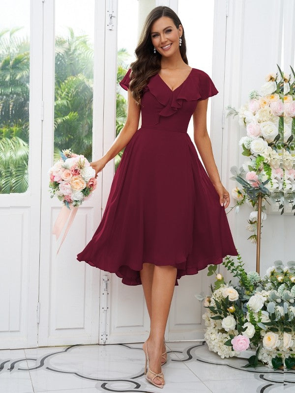 Vestido de dama de honor asimétrico de corte A/princesa, de gasa, con volantes, escote en V y mangas cortas, ideal para invitadas de boda y graduación.