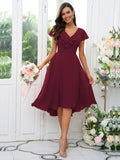 Vestido de dama de honor asimétrico de corte A/princesa, de gasa, con volantes, escote en V y mangas cortas, ideal para invitadas de boda y graduación.