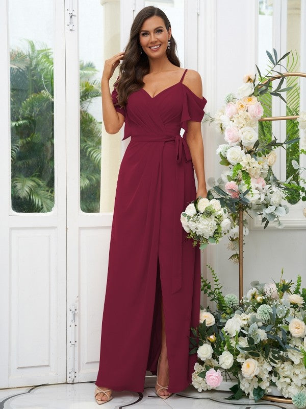 A-Line/Princess Chiffon Ruched V-neck Short Sleeves Floor-Length Bridesmaid Dresses Evening Dress