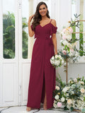 A-Line/Princess Chiffon Ruched V-neck Short Sleeves Floor-Length Bridesmaid Dresses Evening Dress