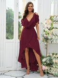 A-Line/Princess Chiffon Ruffles V-neck Short Sleeves Asymmetrical Bridesmaid Dresses Prom Dress