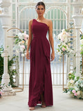 Sheath/Column Chiffon Ruffles One-Shoulder Sleeveless Floor-Length Bridesmaid Dresses Evening Prom Dress