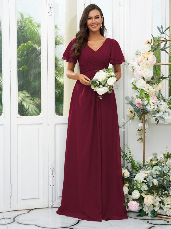 A-Line/Princess Chiffon Ruffles V-neck Short Sleeves Floor-Length Bridesmaid Dresses Evening Dress