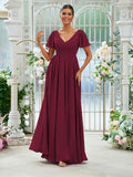 A-Line/Princess Chiffon Ruffles V-neck Short Sleeves Floor-Length Bridesmaid Dresses Evening Prom Dress