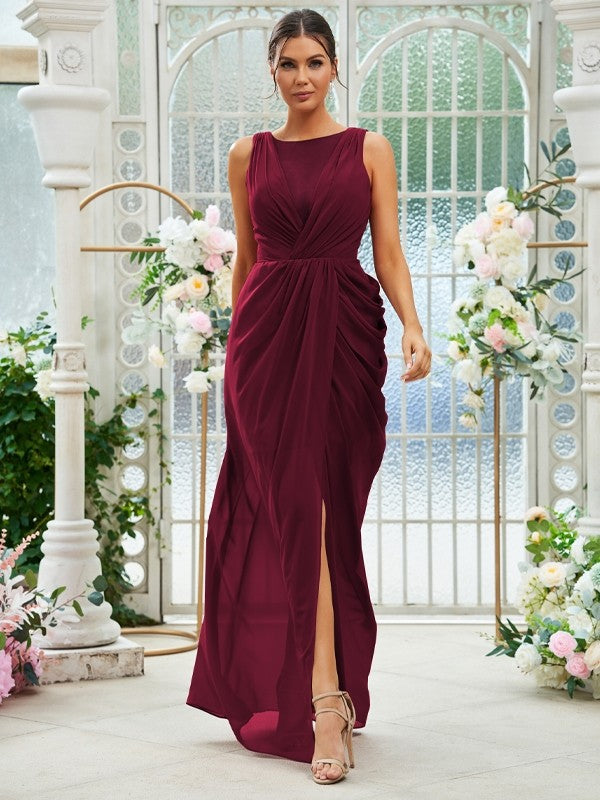 Sheath/Column Chiffon Ruched Scoop Sleeveless Floor-Length Bridesmaid Dresses Evening Dress