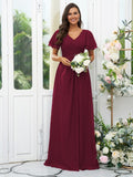 A-Line/Princess Chiffon Ruffles V-neck Short Sleeves Floor-Length Bridesmaid Dresses Evening Dress