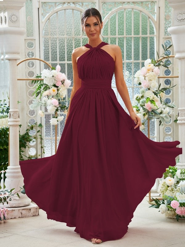 A-Linie/Princess-Linie Chiffon Rüschen Neckholder Ärmellos Bodenlang Brautjungfernkleider Abendkleid