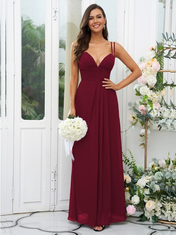 A-Line/Princess Chiffon Ruched V-neck Sleeveless Floor-Length Bridesmaid Dresses Evening Prom Dress