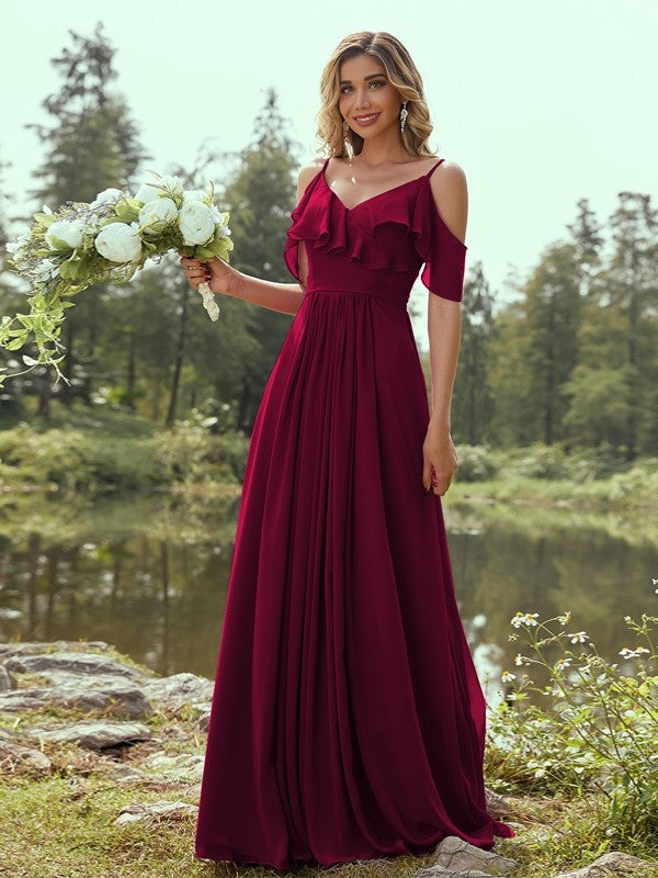A-Line/Princess Chiffon Ruffles V-neck Sleeveless Floor-Length Bridesmaid Dresses Evening Prom Dress