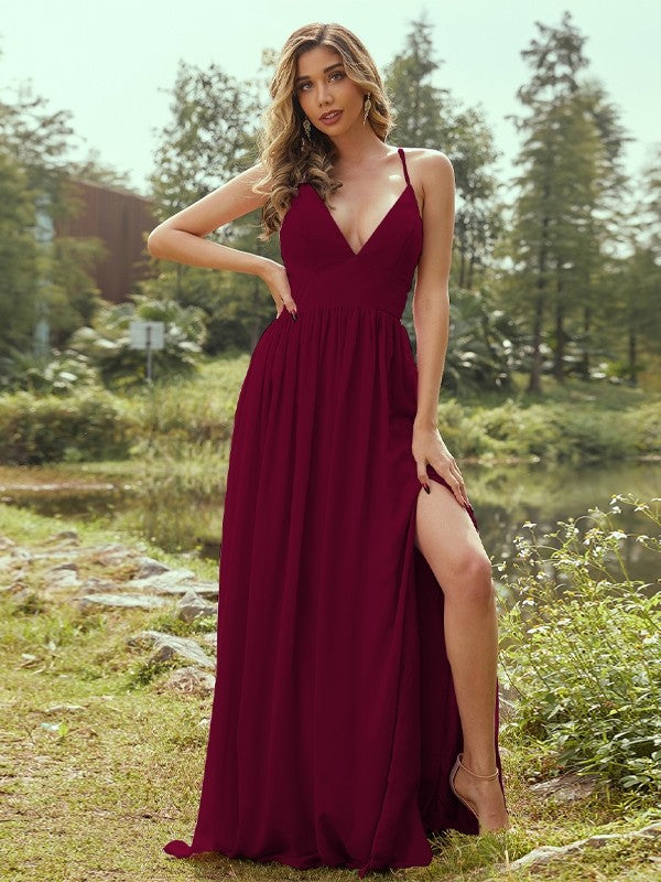 A-Line/Princess Chiffon Ruffles V-neck Sleeveless Floor-Length Bridesmaid Dresses Evening Prom Dress