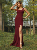 Sheath/Column Jersey Ruffles Straps Sleeveless Sweep/Brush Train Bridesmaid Dresses Evening Dress
