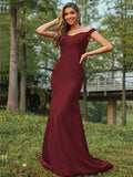 Sheath/Column Stretch Crepe Applique Off-the-Shoulder Sleeveless Sweep/Brush Train Bridesmaid Dresses Evening Dress