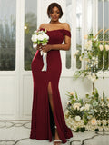 Sheath/Column Jersey Ruffles Off-the-Shoulder Sleeveless Sweep/Brush Train Bridesmaid Dresses Evening Dress