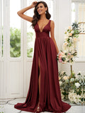 Vestido de dama de honor de corte A/princesa, jersey con volantes, escote en V, sin mangas, cola larga, para invitada de boda
