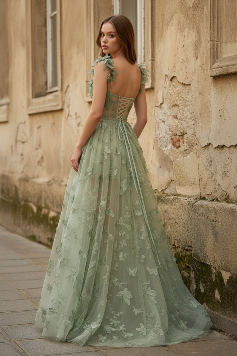 A-line Butterfly Lace Lilac Corset Prom Dress with Slit