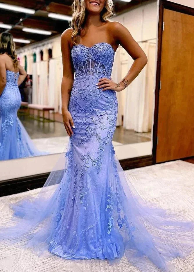 Blue Mermaid Sweetheart Neck Lace Long Prom Dress With Appliques