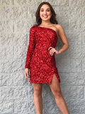 Black Bodycon One-Shoulder Sequins Mini Party Dresses
