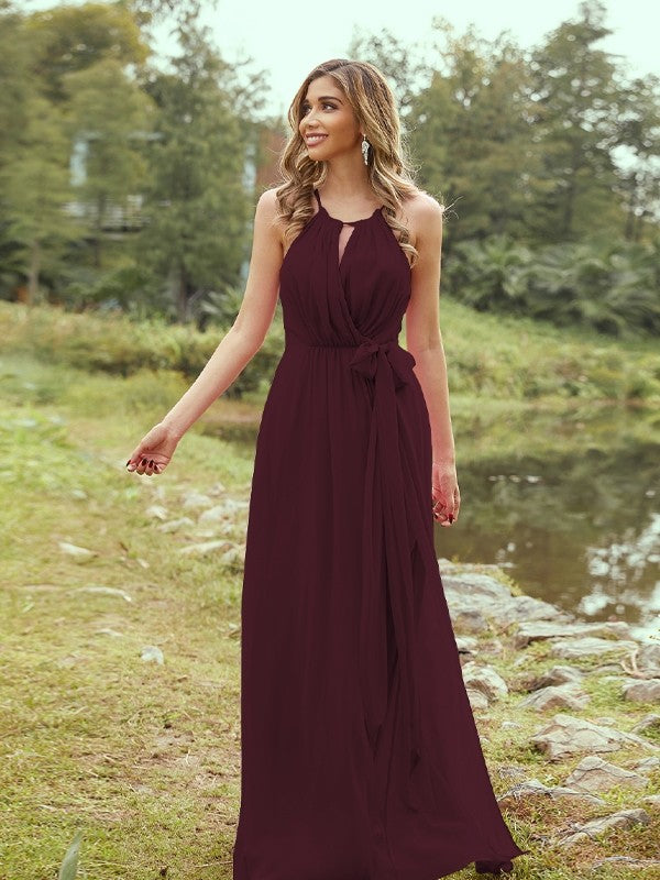 A-Line/Princess Chiffon Ruffles Halter Sleeveless Sweep/Brush Train Bridesmaid Dresses	Evening Prom Dress