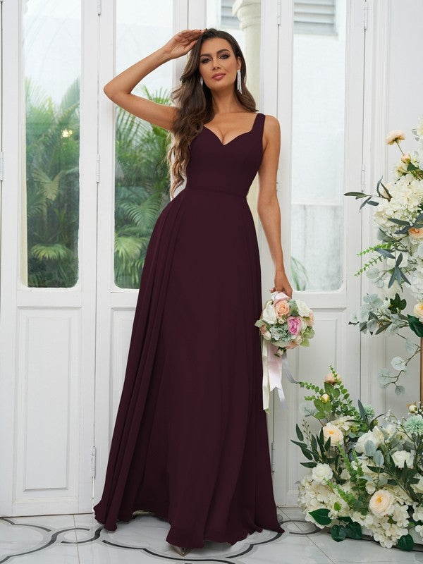A-Line/Princess Chiffon Ruffles V-neck Sleeveless Floor-Length Bridesmaid Dresses Evening Dress