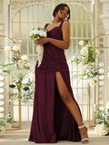 Sheath/Column Polyester Ruched Sweetheart Sleeveless Sweep/Brush Train Bridesmaid Dresses Evening Dress