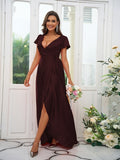 A-Line/Princess Silk like Satin Ruched V-neck Short Sleeves Floor-Length Bridesmaid Dresses Evening Dress