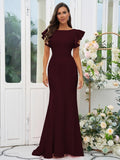 Sheath/Column Stretch Crepe Ruffles Scoop Short Sleeves Sweep/Brush Train Bridesmaid Dresses Evening Dress