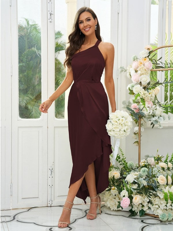 A-Line/Princess Silk like Satin Ruched One-Shoulder Sleeveless Tea-Length Bridesmaid Dresses Evening Prom Dress