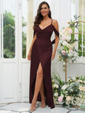 A-Line/Princess Silk like Satin Ruched V-neck Sleeveless Floor-Length Bridesmaid Dresses Evening Dress