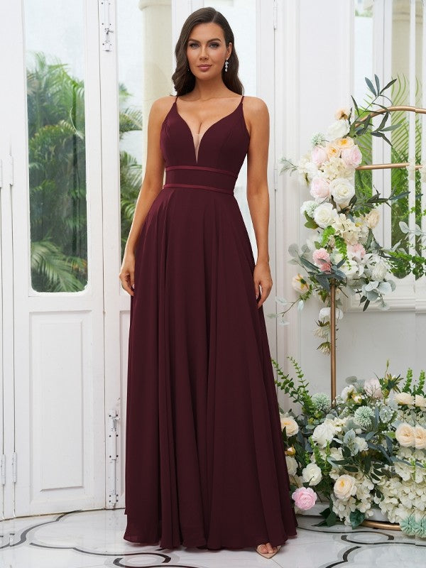 A-Line/Princess Chiffon Ruffles V-neck Sleeveless Floor-Length Bridesmaid Dresses Evening Prom Dress