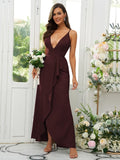 A-Line/Princess Silk like Satin Ruffles V-neck Sleeveless Floor-Length Bridesmaid Dresses Prom Dress
