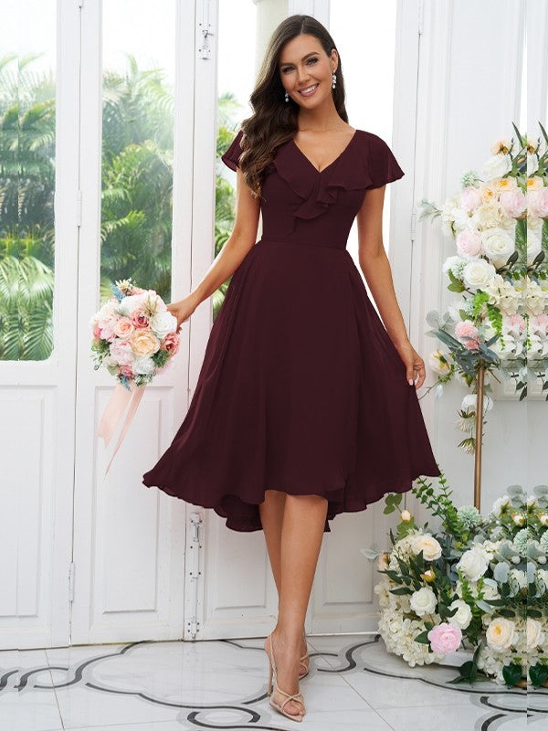 Vestido de dama de honor asimétrico de corte A/princesa, de gasa, con volantes, escote en V y mangas cortas, ideal para invitadas de boda y graduación.