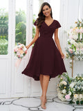 Vestido de dama de honor asimétrico de corte A/princesa, de gasa, con volantes, escote en V y mangas cortas, ideal para invitadas de boda y graduación.