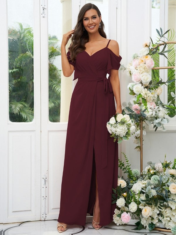 A-Line/Princess Chiffon Ruched V-neck Short Sleeves Floor-Length Bridesmaid Dresses Evening Dress