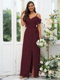 A-Line/Princess Chiffon Ruched V-neck Short Sleeves Floor-Length Bridesmaid Dresses Evening Dress