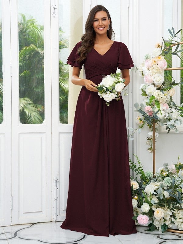 A-Line/Princess Chiffon Ruffles V-neck Short Sleeves Floor-Length Bridesmaid Dresses Evening Dress