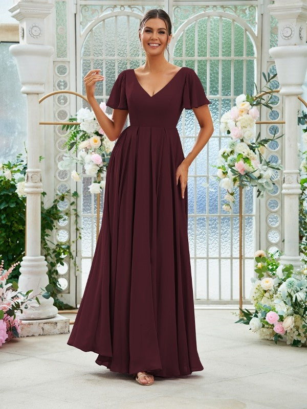A-Line/Princess Chiffon Ruffles V-neck Short Sleeves Floor-Length Bridesmaid Dresses Evening Prom Dress