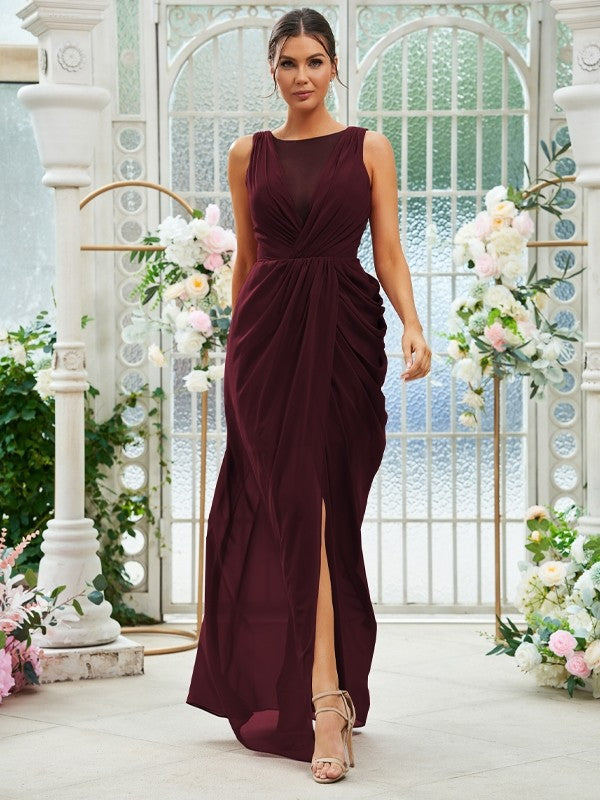 Sheath/Column Chiffon Ruched Scoop Sleeveless Floor-Length Bridesmaid Dresses Evening Dress