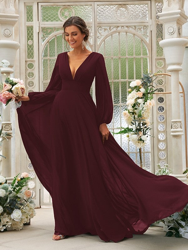 Vestido de dama de honor de corte A/princesa, de gasa, con volantes, escote en V, mangas largas y cola larga, vestido para madre de la novia