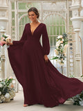 Vestido de dama de honor de corte A/princesa, de gasa, con volantes, escote en V, mangas largas y cola larga, vestido para madre de la novia