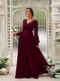 A-Line/Princess Chiffon Ruched V-neck Long Sleeves Floor-Length Bridesmaid Dresses Mother of the Bride Dress
