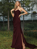 Sheath/Column Silk like Satin Ruched Sweetheart Sleeveless Sweep/Brush Train Bridesmaid Dresses Evening Dress