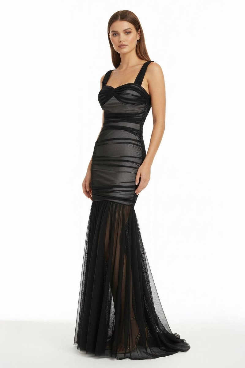 Black Sweetheart Mermaid Tulle Pleated Long Formal Prom Dresses