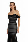 Black Sweetheart Mermaid Tulle Pleated Long Formal Prom Dresses