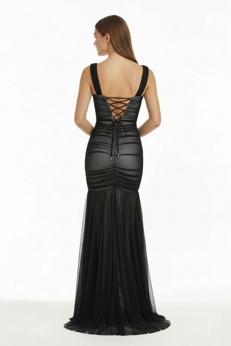 Black Sweetheart Mermaid Tulle Pleated Long Formal Prom Dresses
