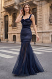 Black Sweetheart Mermaid Tulle Pleated Long Formal Prom Dresses