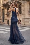 Black Sweetheart Mermaid Tulle Pleated Long Formal Prom Dresses