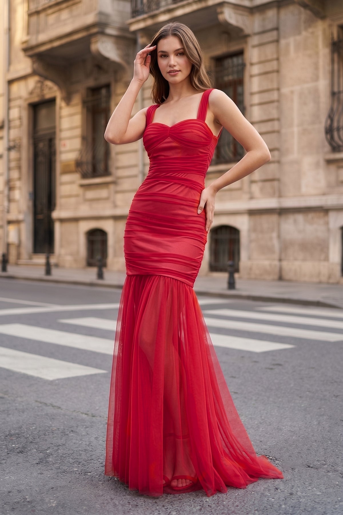 Black Sweetheart Mermaid Tulle Pleated Long Formal Prom Dresses