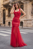 Black Sweetheart Mermaid Tulle Pleated Long Formal Prom Dresses