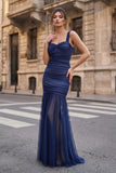 Black Sweetheart Mermaid Tulle Pleated Long Formal Prom Dresses
